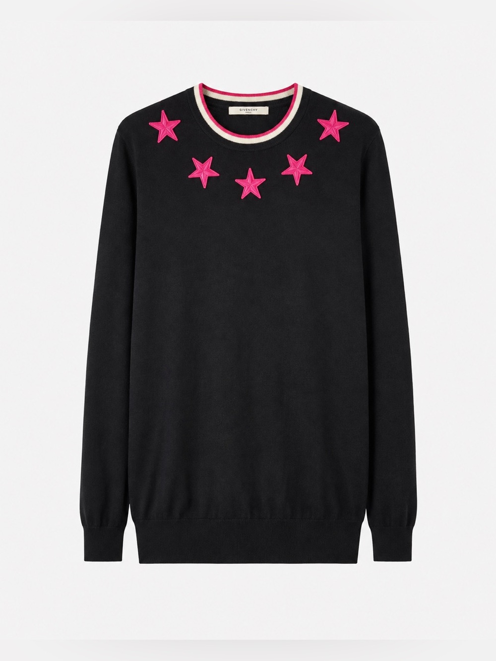 Givenchy Paris Black Knit Sweater Pink Star Embroidery Crewneck Sweater  XL